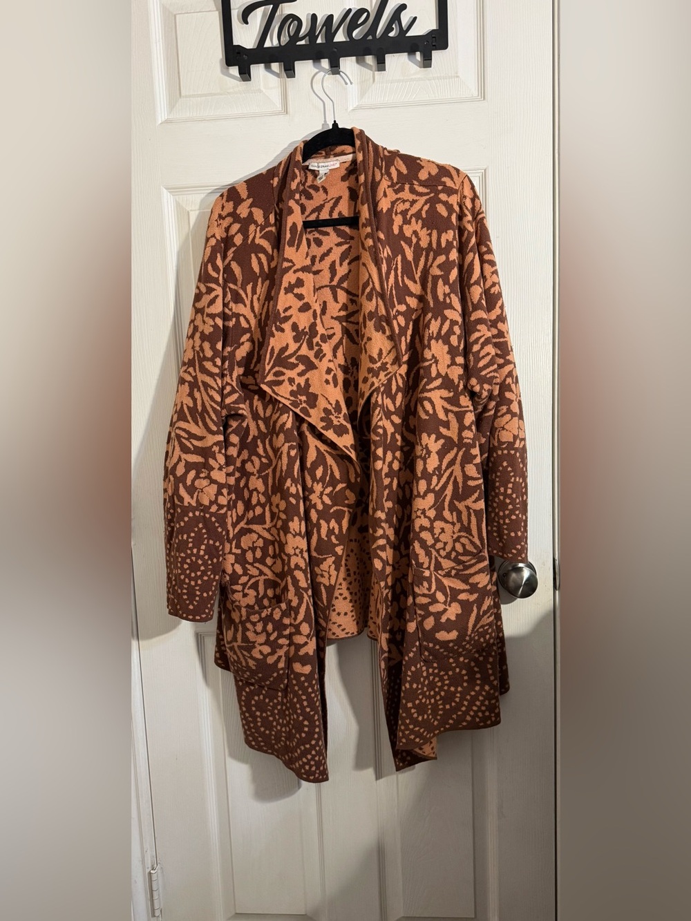 Isaac Mizrahi Live! Open Cardigan 3X Pockets Brown & Tan Cotton Blend